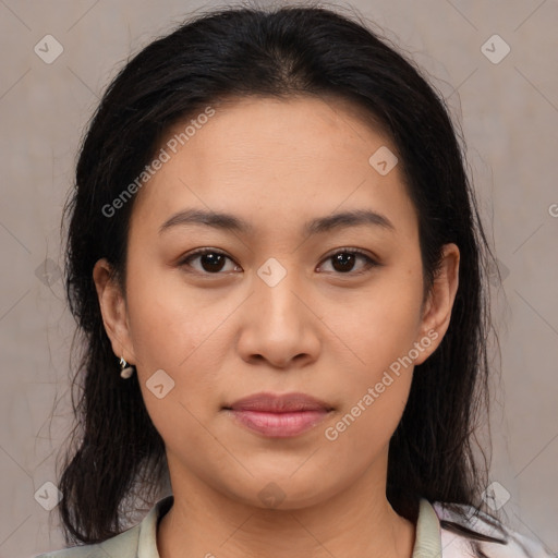 Joyful asian young-adult female with medium  brown hair and brown eyes