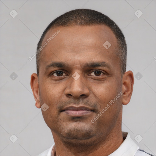 Neutral black adult male with short  brown hair and brown eyes