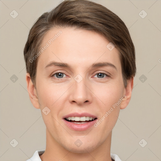 Joyful white young-adult female with short  brown hair and brown eyes