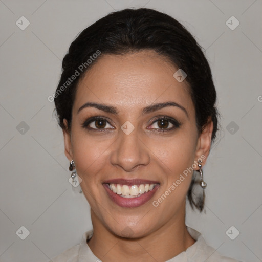 Joyful latino young-adult female with medium  brown hair and brown eyes