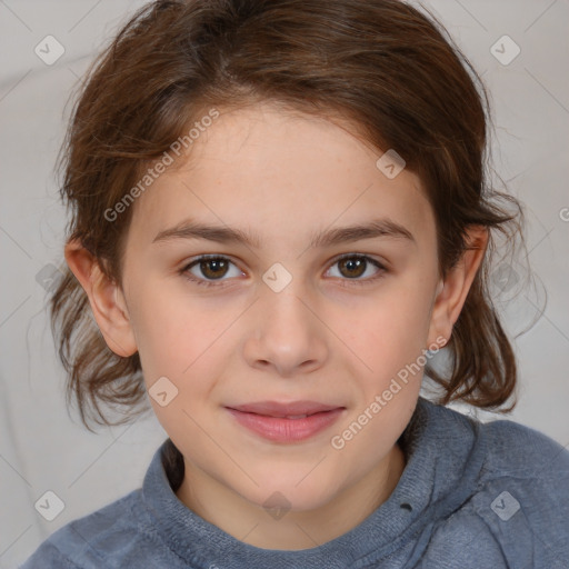 Joyful white child female with medium  brown hair and brown eyes