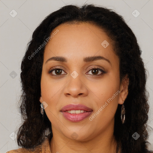 Joyful latino young-adult female with long  brown hair and brown eyes