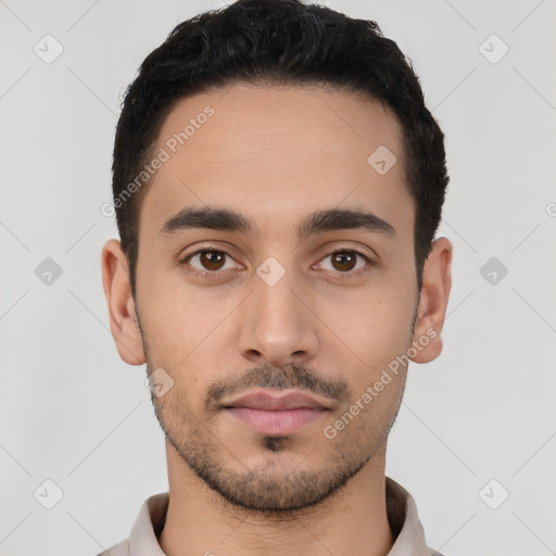 Neutral latino young-adult male with short  black hair and brown eyes