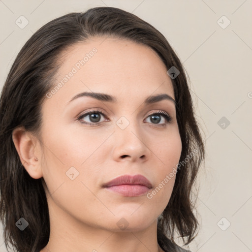 Neutral white young-adult female with medium  brown hair and brown eyes