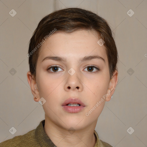 Neutral white young-adult female with short  brown hair and brown eyes