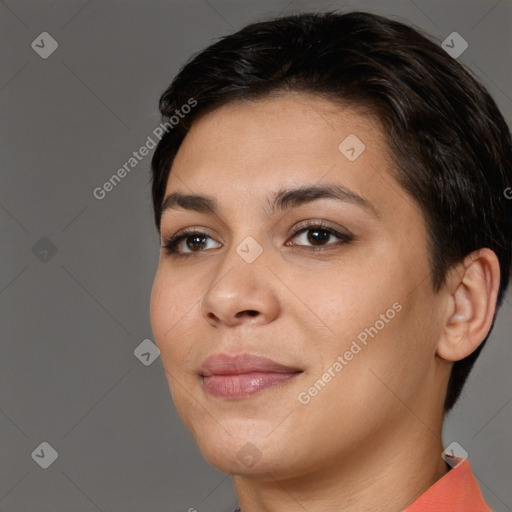 Joyful white young-adult female with short  brown hair and brown eyes