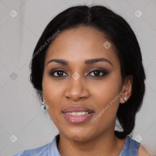 Joyful black young-adult female with medium  black hair and brown eyes