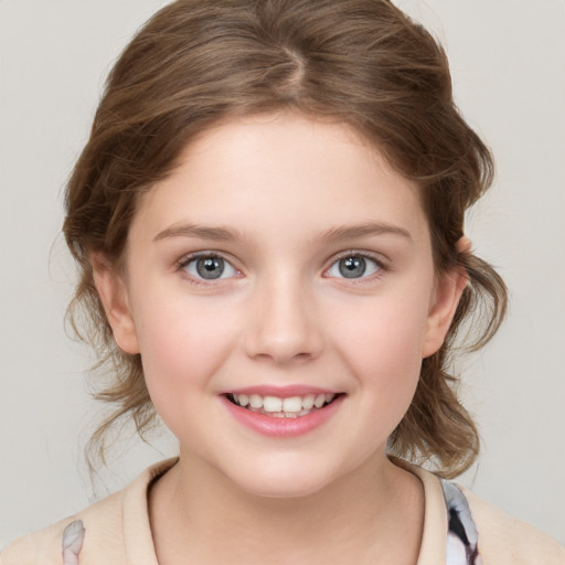 Joyful white child female with medium  brown hair and grey eyes