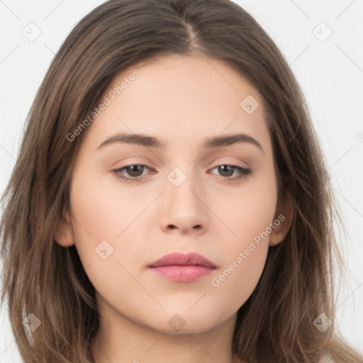 Neutral white young-adult female with long  brown hair and brown eyes