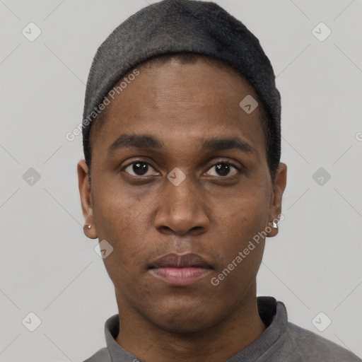 Neutral black young-adult male with short  black hair and brown eyes