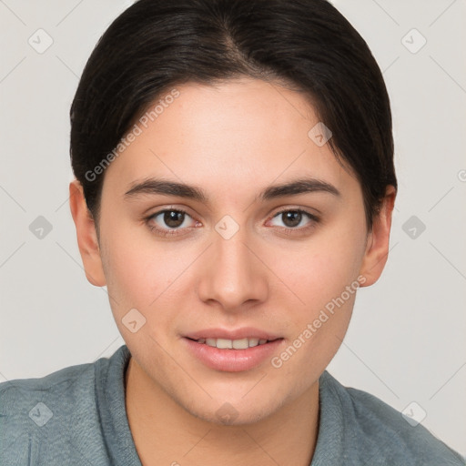 Joyful white young-adult female with short  brown hair and brown eyes