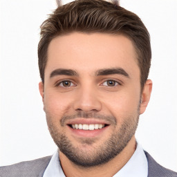 Joyful white young-adult male with short  brown hair and brown eyes