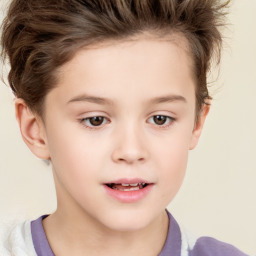 Joyful white child female with short  brown hair and brown eyes