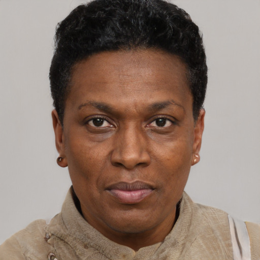 Neutral black adult female with short  black hair and brown eyes