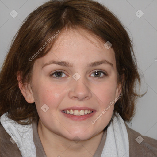 Joyful white young-adult female with medium  brown hair and blue eyes