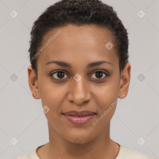 Joyful black young-adult female with short  brown hair and brown eyes