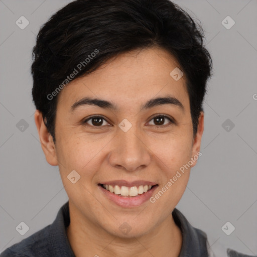 Joyful white young-adult female with short  brown hair and brown eyes