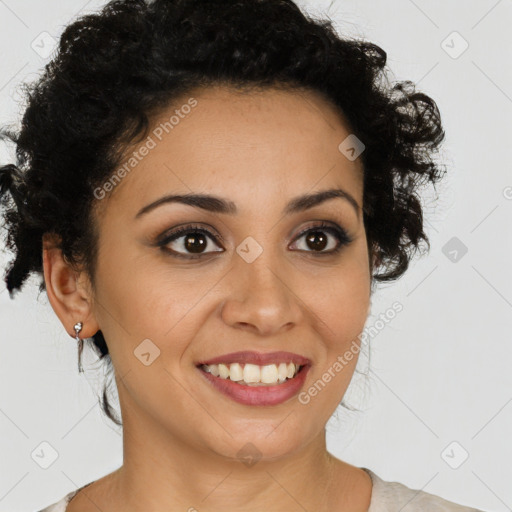 Joyful latino young-adult female with short  brown hair and brown eyes