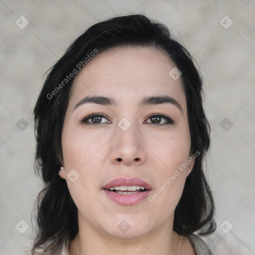 Joyful asian young-adult female with medium  black hair and brown eyes