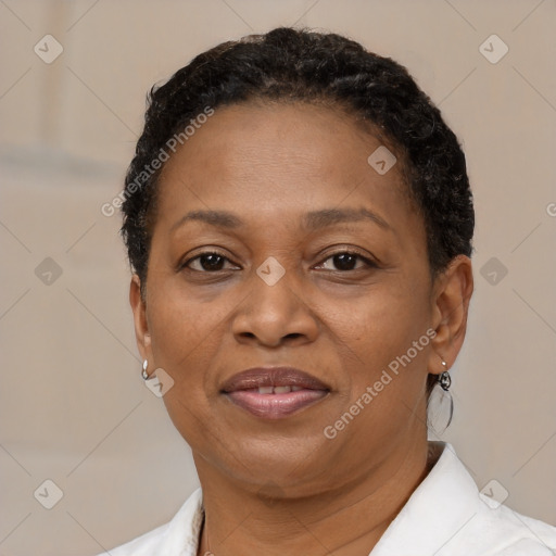 Joyful black adult female with short  brown hair and brown eyes