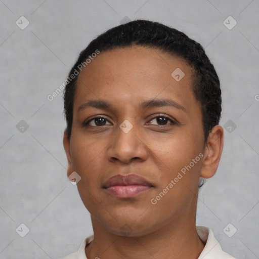 Neutral latino young-adult female with short  black hair and brown eyes
