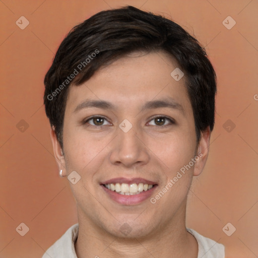 Joyful white young-adult female with short  brown hair and brown eyes