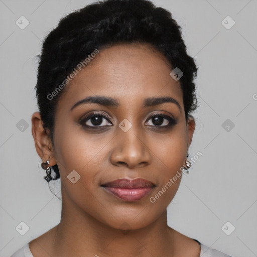 Joyful latino young-adult female with short  black hair and brown eyes