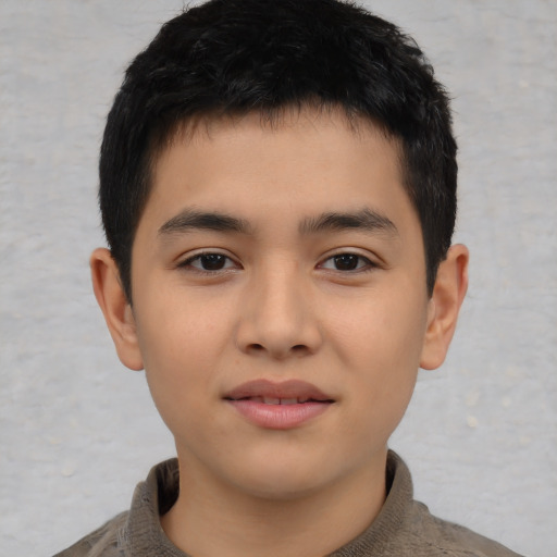 Joyful asian child male with short  brown hair and brown eyes