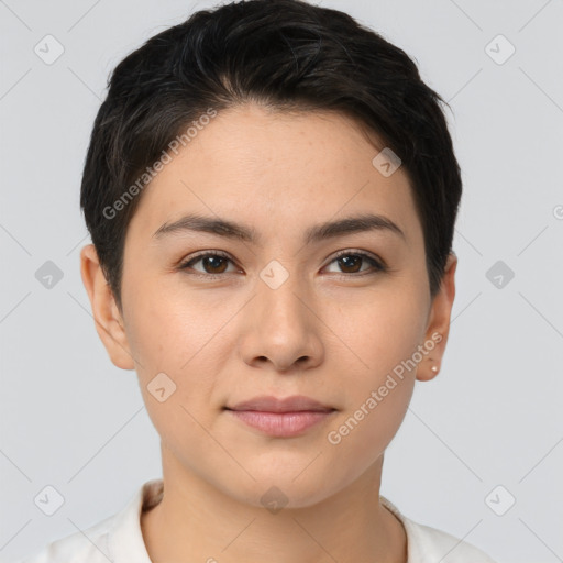 Joyful asian young-adult female with short  brown hair and brown eyes