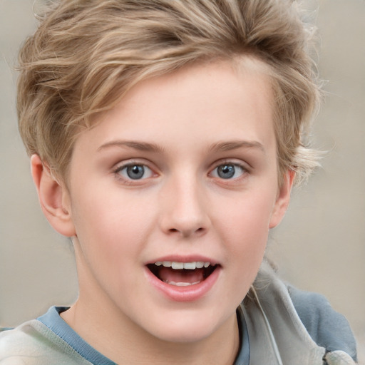 Joyful white child female with short  brown hair and blue eyes