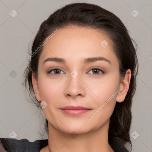 Neutral white young-adult female with medium  brown hair and brown eyes