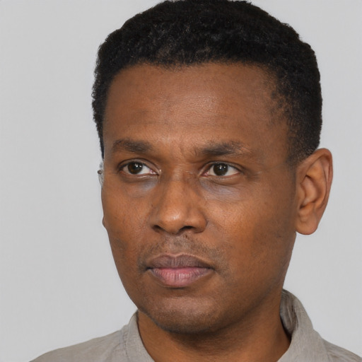 Neutral black adult male with short  black hair and brown eyes