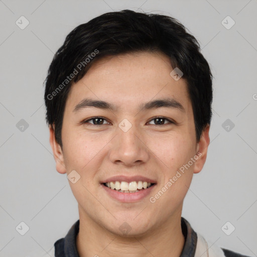 Joyful white young-adult male with short  black hair and brown eyes