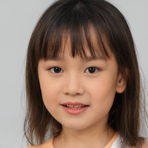 Joyful white child female with medium  brown hair and brown eyes
