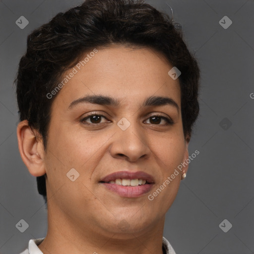 Joyful white young-adult female with short  brown hair and brown eyes