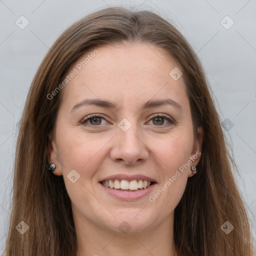 Joyful white young-adult female with long  brown hair and grey eyes