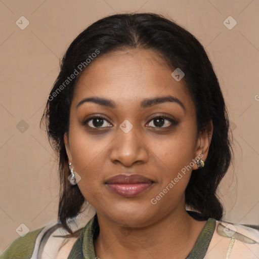 Joyful black young-adult female with medium  brown hair and brown eyes