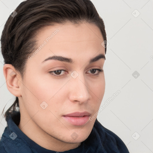 Neutral white young-adult female with medium  brown hair and brown eyes