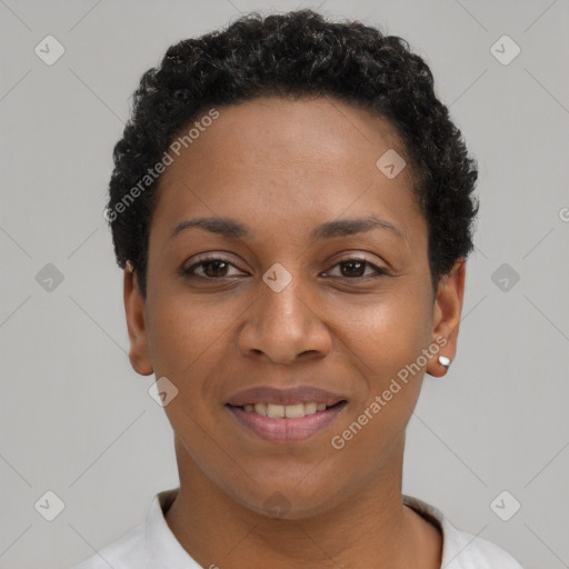 Joyful latino young-adult female with short  black hair and brown eyes