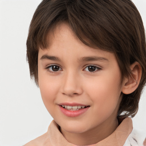 Joyful white child female with medium  brown hair and brown eyes