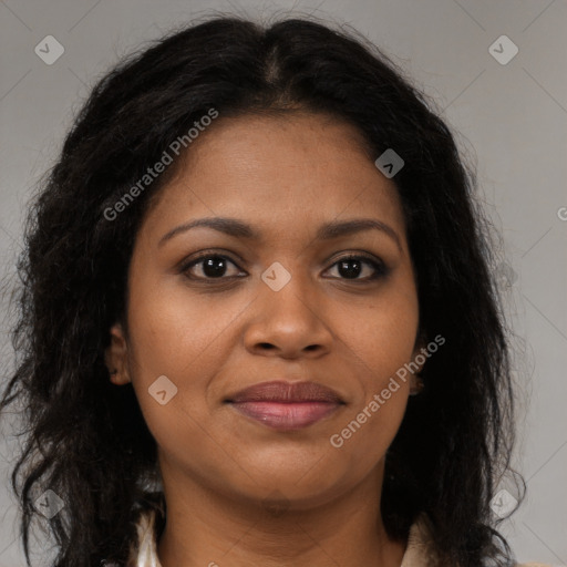 Joyful black young-adult female with long  brown hair and brown eyes