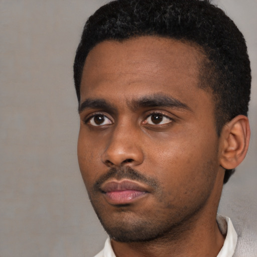 Neutral black young-adult male with short  black hair and brown eyes