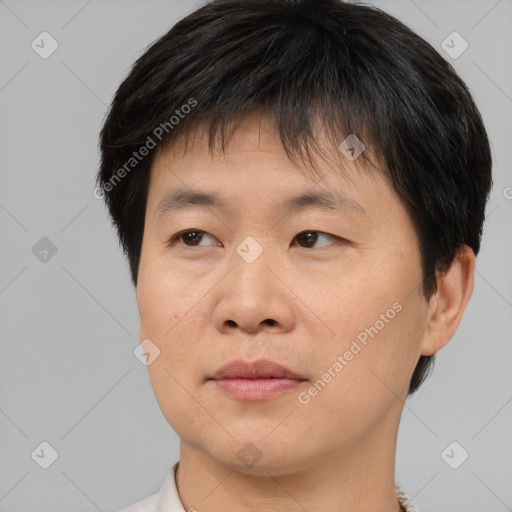 Neutral asian young-adult male with short  brown hair and brown eyes