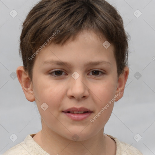 Joyful white child male with short  brown hair and brown eyes