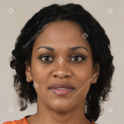 Joyful black young-adult female with medium  black hair and brown eyes
