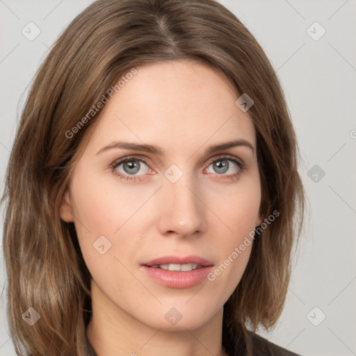 Joyful white young-adult female with medium  brown hair and green eyes