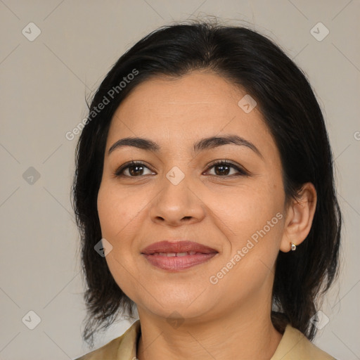 Joyful asian young-adult female with medium  brown hair and brown eyes