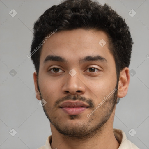 Neutral latino young-adult male with short  black hair and brown eyes