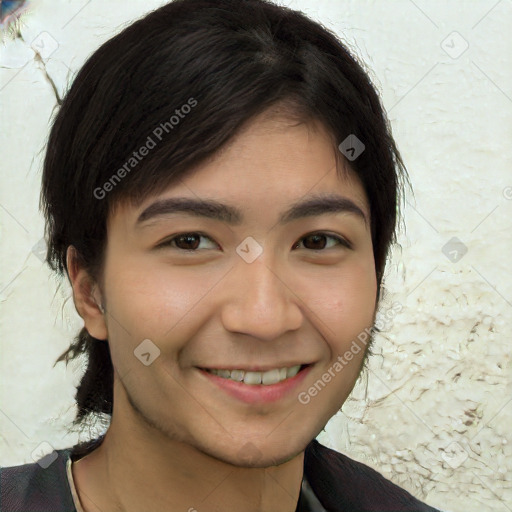 Joyful white young-adult male with medium  brown hair and brown eyes