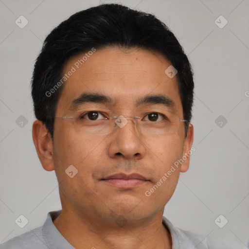 Neutral asian young-adult male with short  black hair and brown eyes